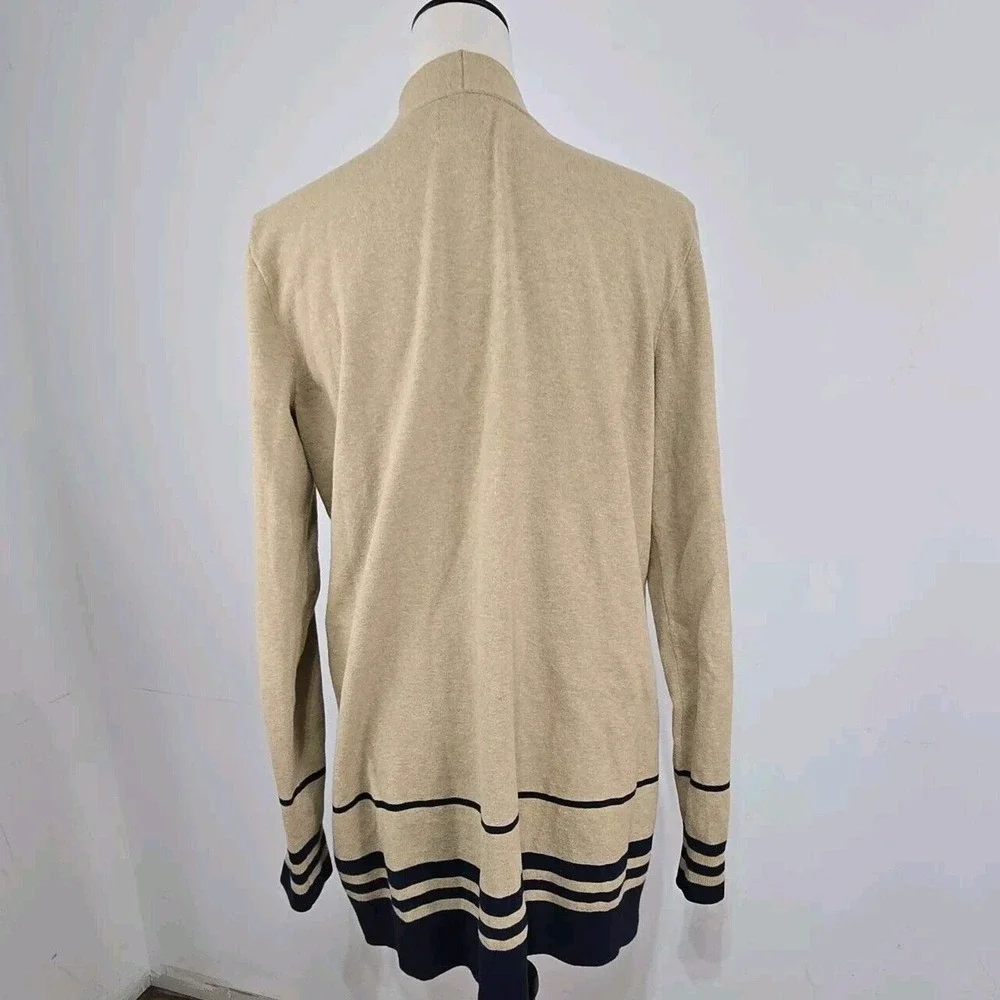 Duluth Trading Co Long Cardigan Sweater Women Lg Tan Navy Striped Knit Pockets